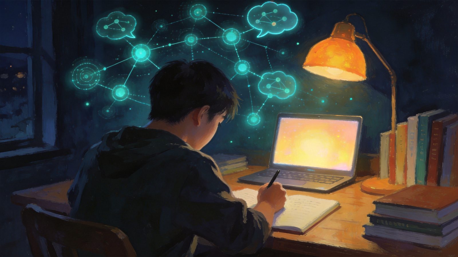 夜晚台灯下，一名学生伏案书写，头顶悬浮着发光的思维导图节点与对话泡，象征把思维模型应用到真实学习任务中