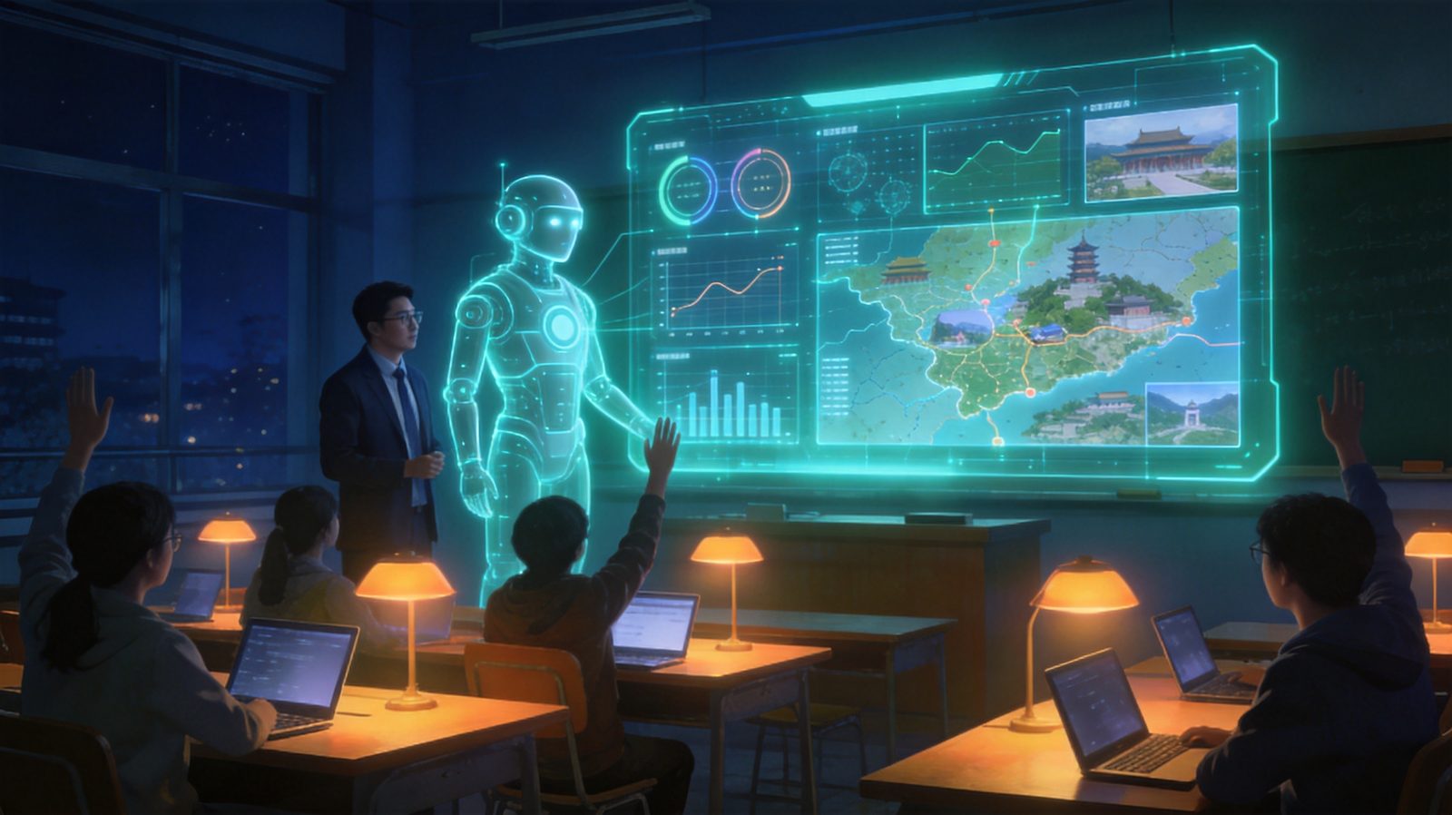 夜晚的现代教室里,教师站在发光的全息AI助教界面前,学生们举手互动